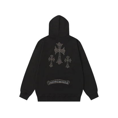 Chrome Hearts Rhinestone Cross Hoodie - Black Gothic Streetwear Sweatshirt 2633