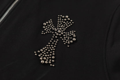 Chrome Hearts Rhinestone Cross Hoodie - Black Gothic Streetwear Sweatshirt 2633