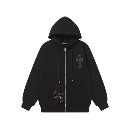 Chrome Hearts Rhinestone Cross Hoodie - Black Gothic Streetwear Sweatshirt 2633