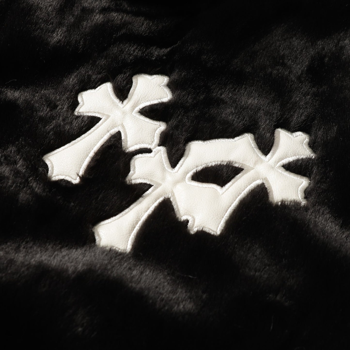 Chrome Hearts Faux Fur Cross Varsity Jacket - Black White Gothic Streetwear 035