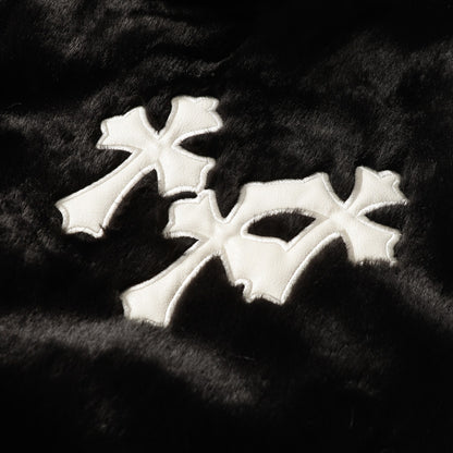 Chrome Hearts Faux Fur Cross Varsity Jacket - Black White Gothic Streetwear 035