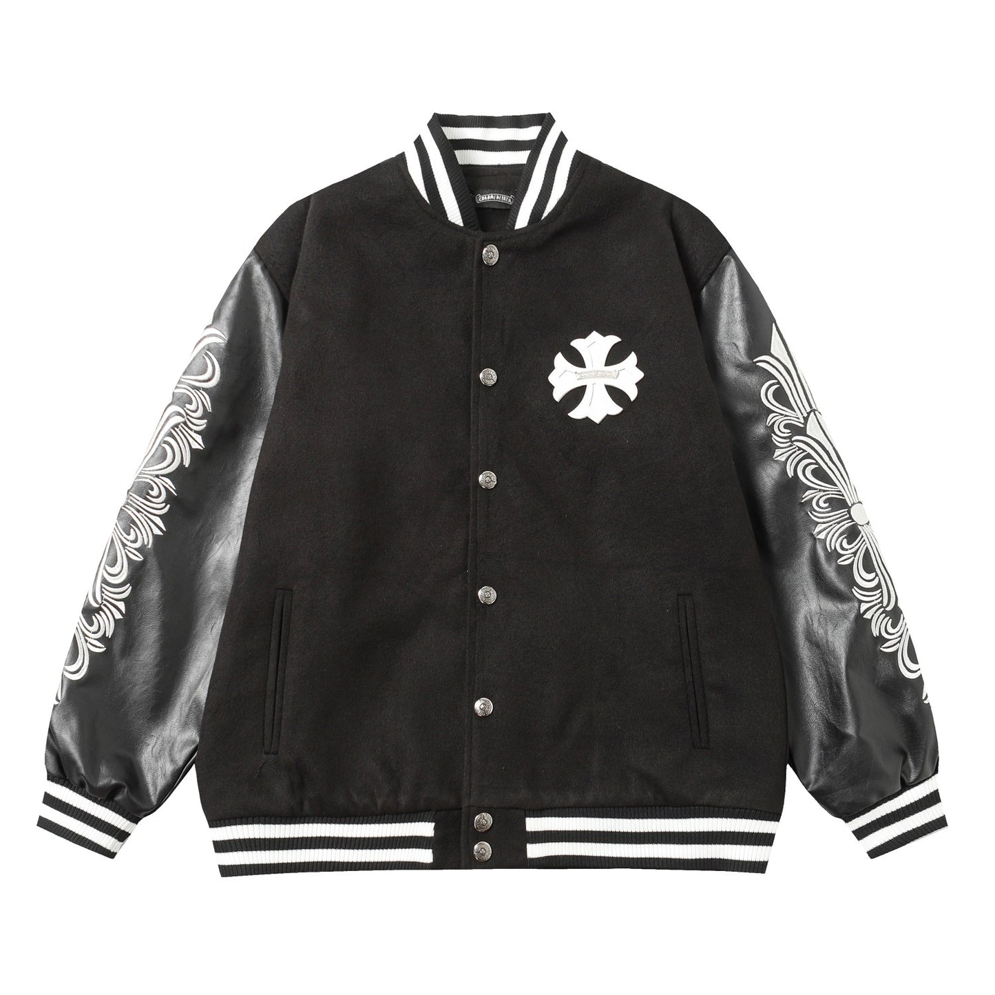 Chrome Hearts Cross Embroidered Leather Sleeve Varsity Jacket - Black Street Style 116