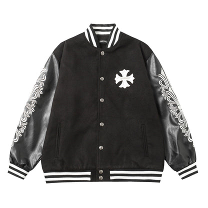 Chrome Hearts Cross Embroidered Leather Sleeve Varsity Jacket - Black Street Style 116