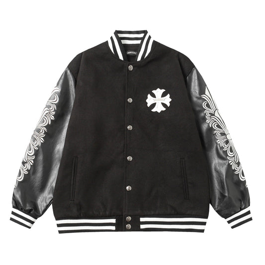 Chrome Hearts Cross Embroidered Leather Sleeve Varsity Jacket - Black Street Style 116