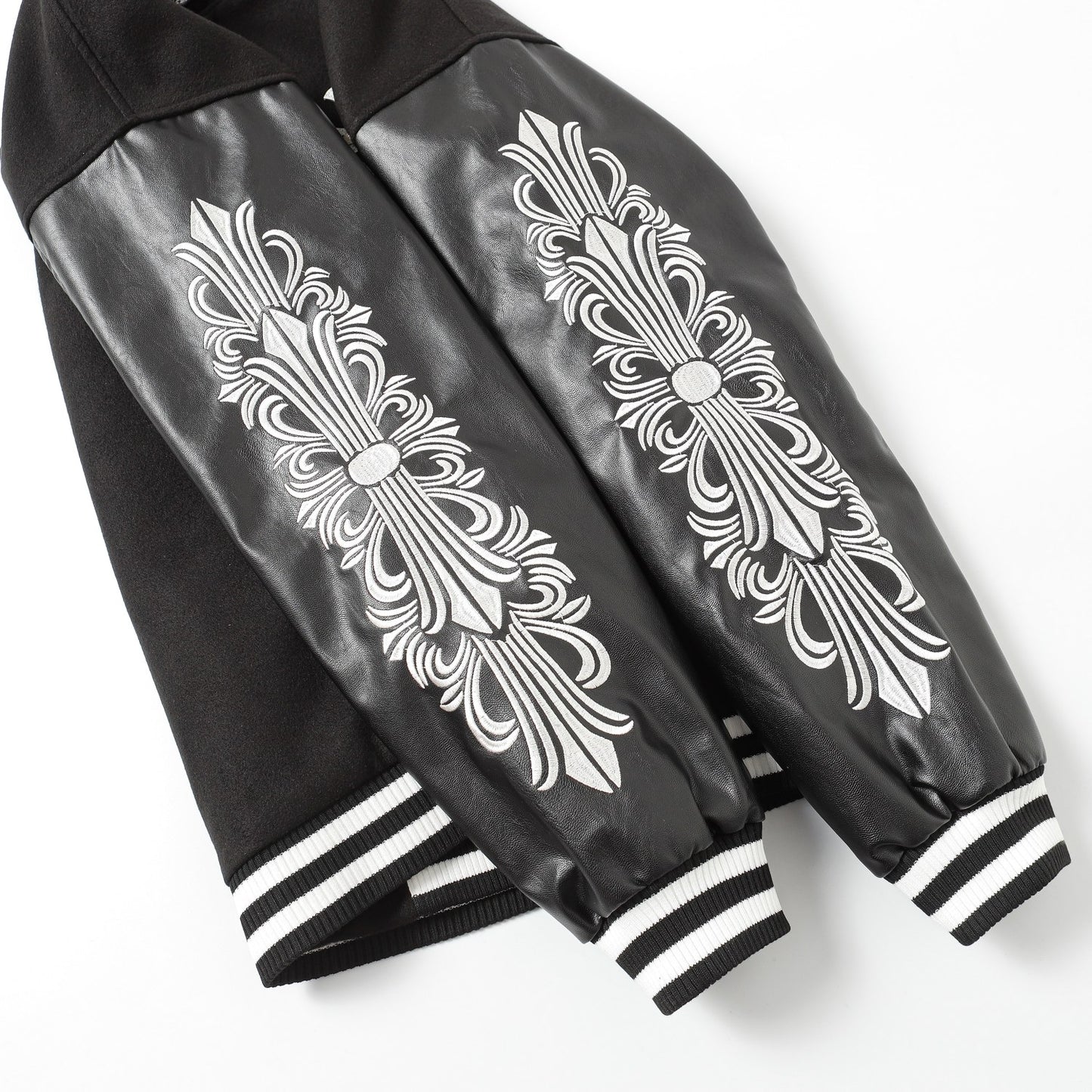 Chrome Hearts Cross Embroidered Leather Sleeve Varsity Jacket - Black Street Style 116