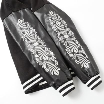 Chrome Hearts Cross Embroidered Leather Sleeve Varsity Jacket - Black Street Style 116