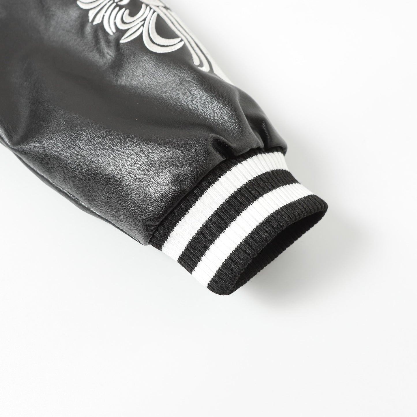 Chrome Hearts Cross Embroidered Leather Sleeve Varsity Jacket - Black Street Style 116