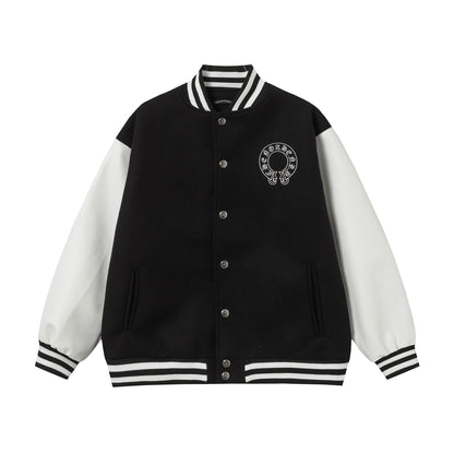 Chrome Hearts Layered Cross Varsity Jacket - Black White Street Style Outerwear 2208