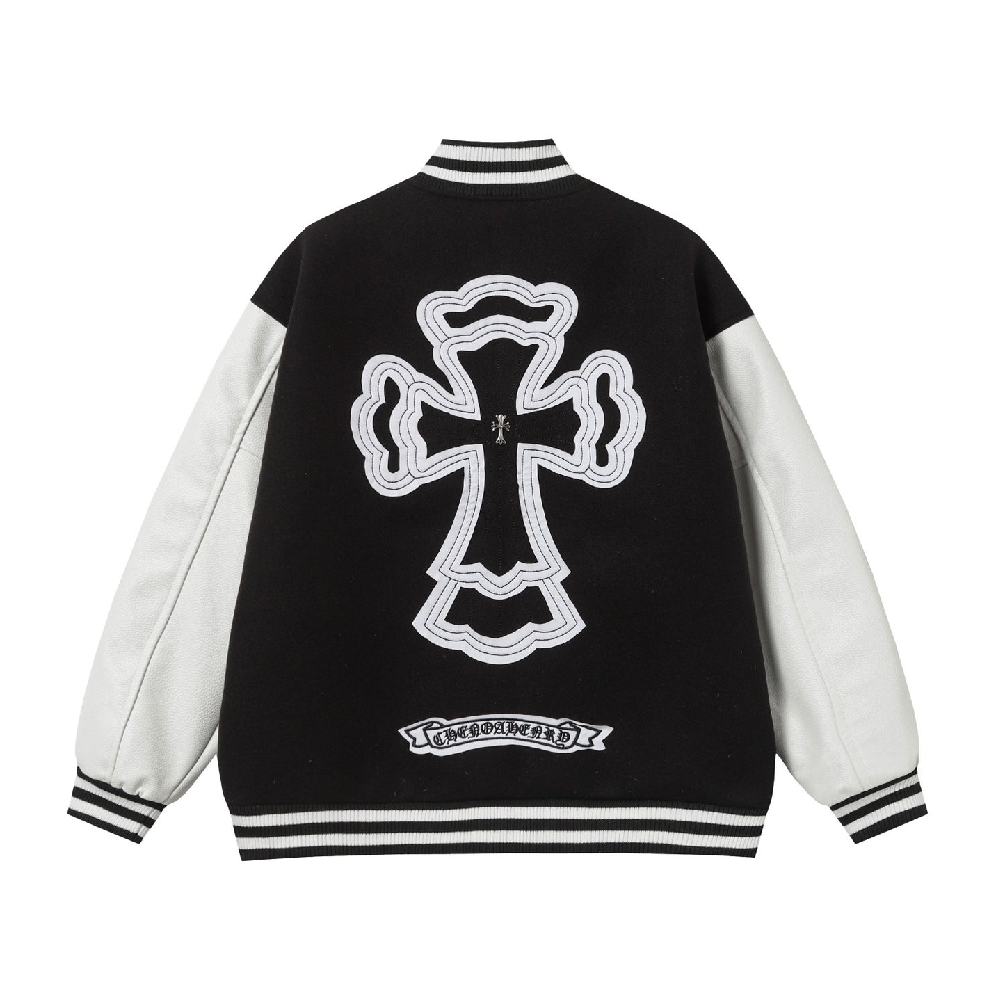 Chrome Hearts Layered Cross Varsity Jacket - Black White Street Style Outerwear 2208