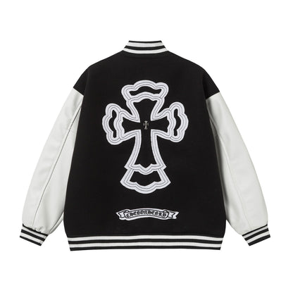 Chrome Hearts Layered Cross Varsity Jacket - Black White Street Style Outerwear 2208