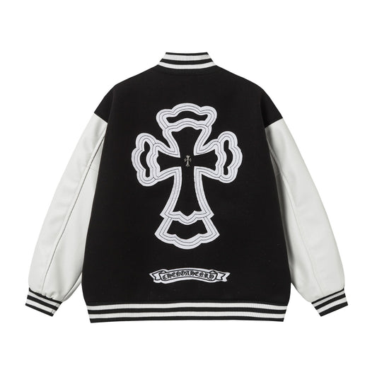 Chrome Hearts Layered Cross Varsity Jacket - Black White Street Style Outerwear 2208