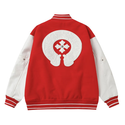 Chrome Hearts Red Cross Varsity Jacket - White Sleeve Gothic Street Baseball Coat D68