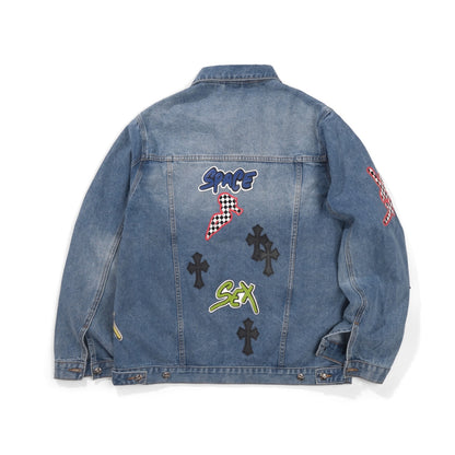 Chrome Hearts Patchwork Denim Jacket - Vintage Blue Gothic Street Jacket 0789